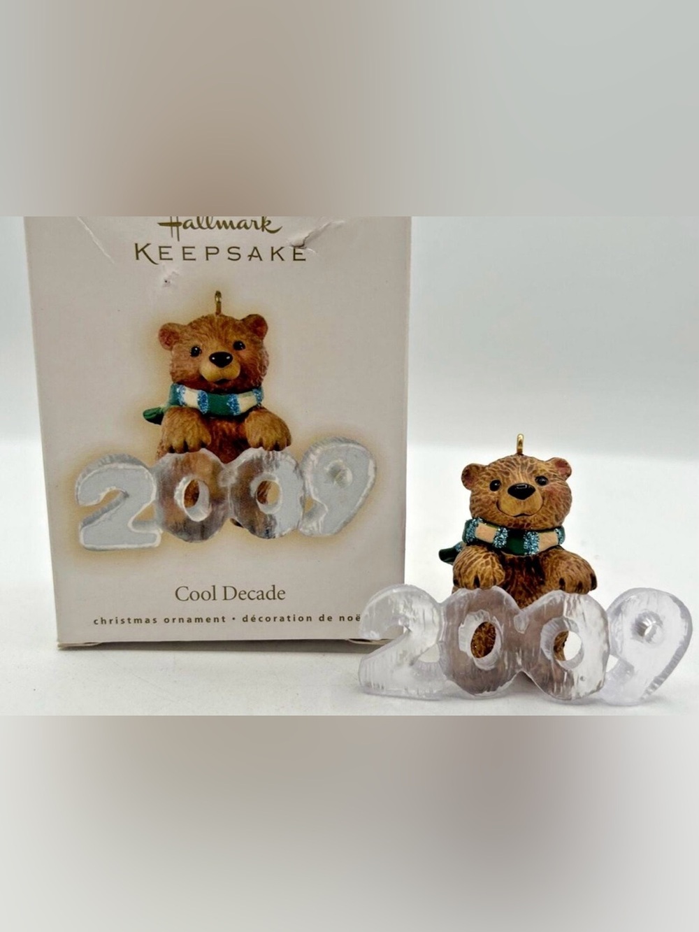 2009 Cool Decade Bear Hallmark Brown Bear Ornament with Teal and White Scarf